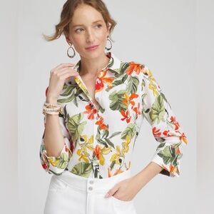Chicos No Iron Linen Orchid Print Shirt Size 3 XL XXL White NEW $99